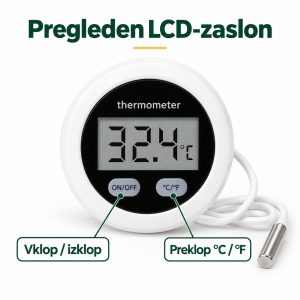 Digitalni termometer s sondo ter podatki o premeru 55 mm, debelini 20 mm in dolžini kabla 1 m.