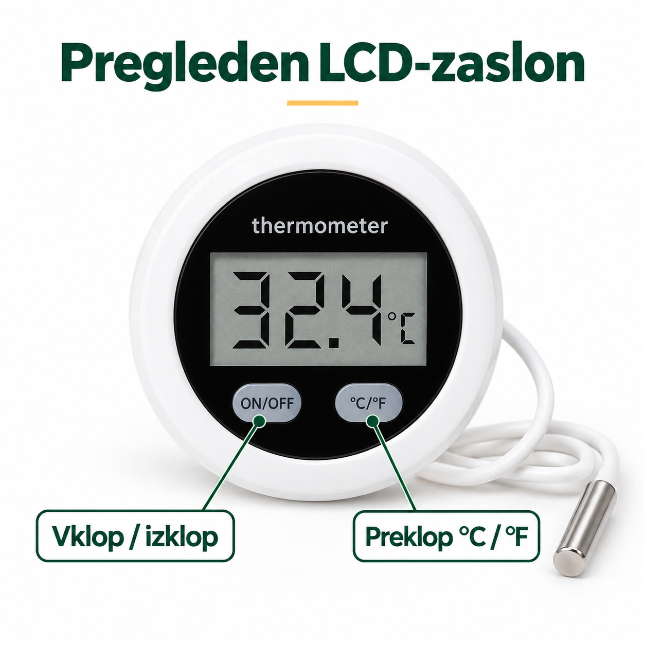 Digitalni termometer s sondo ter podatki o premeru 55 mm, debelini 20 mm in dolžini kabla 1 m.