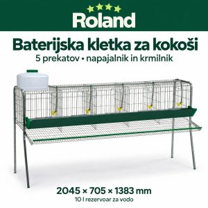 Baterijska kletka za kokoši s petimi prekati, belim rezervoarjem za vodo, napajalnimi skodelicami in zelenim krmilnim žlebom.