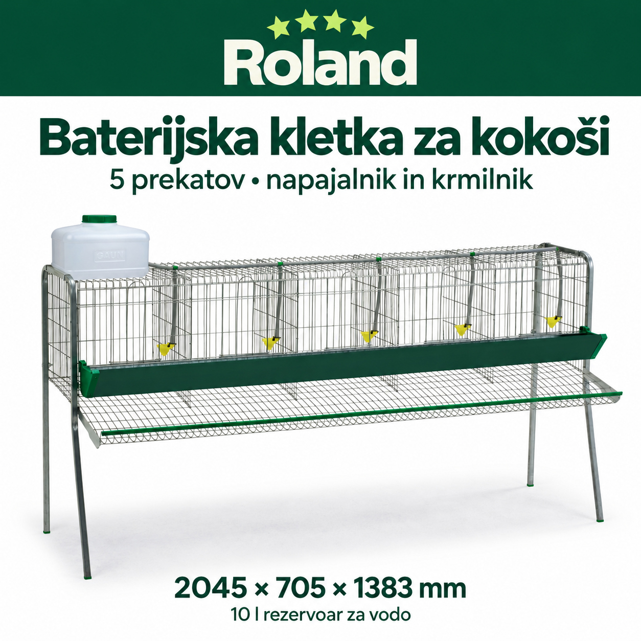 Baterijska kletka za kokoši s petimi prekati, belim rezervoarjem za vodo, napajalnimi skodelicami in zelenim krmilnim žlebom.
